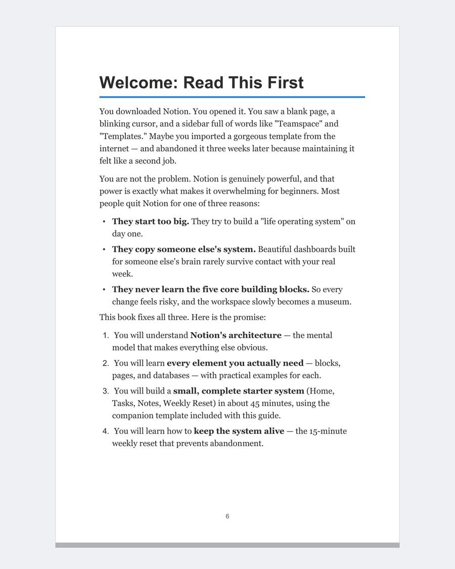 Real page from the guide: Welcome - the three reasons beginners quit Notion and how this guide fixes them