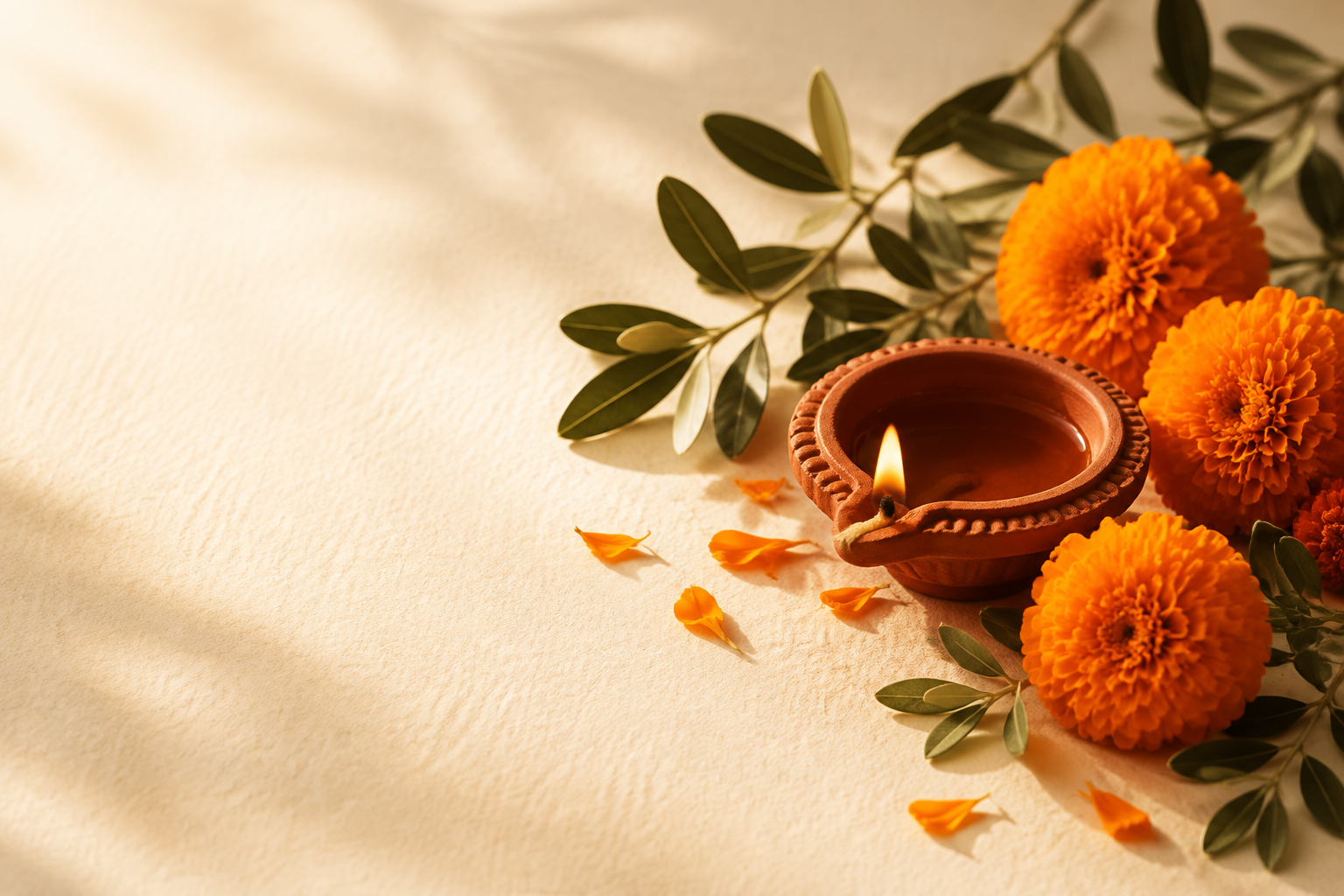 A glowing Diwali diya with marigold flowers
